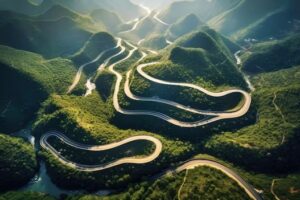 A winding road through the mountains.