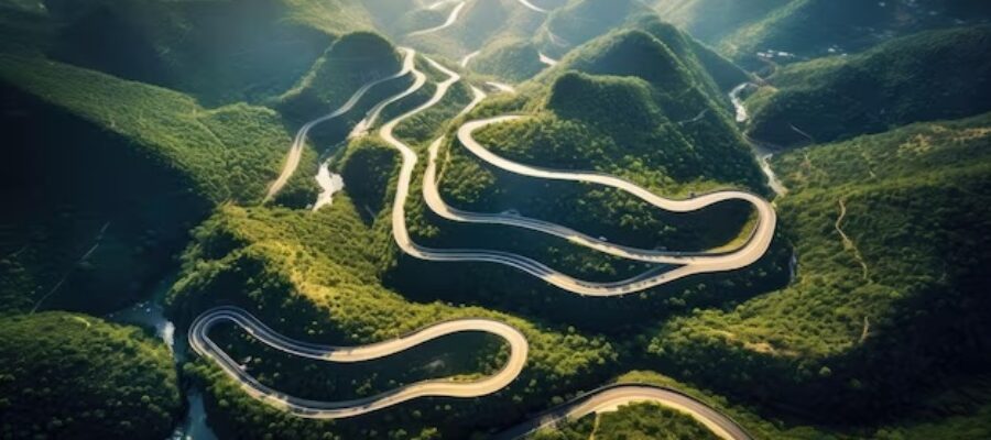 A winding road through the mountains.